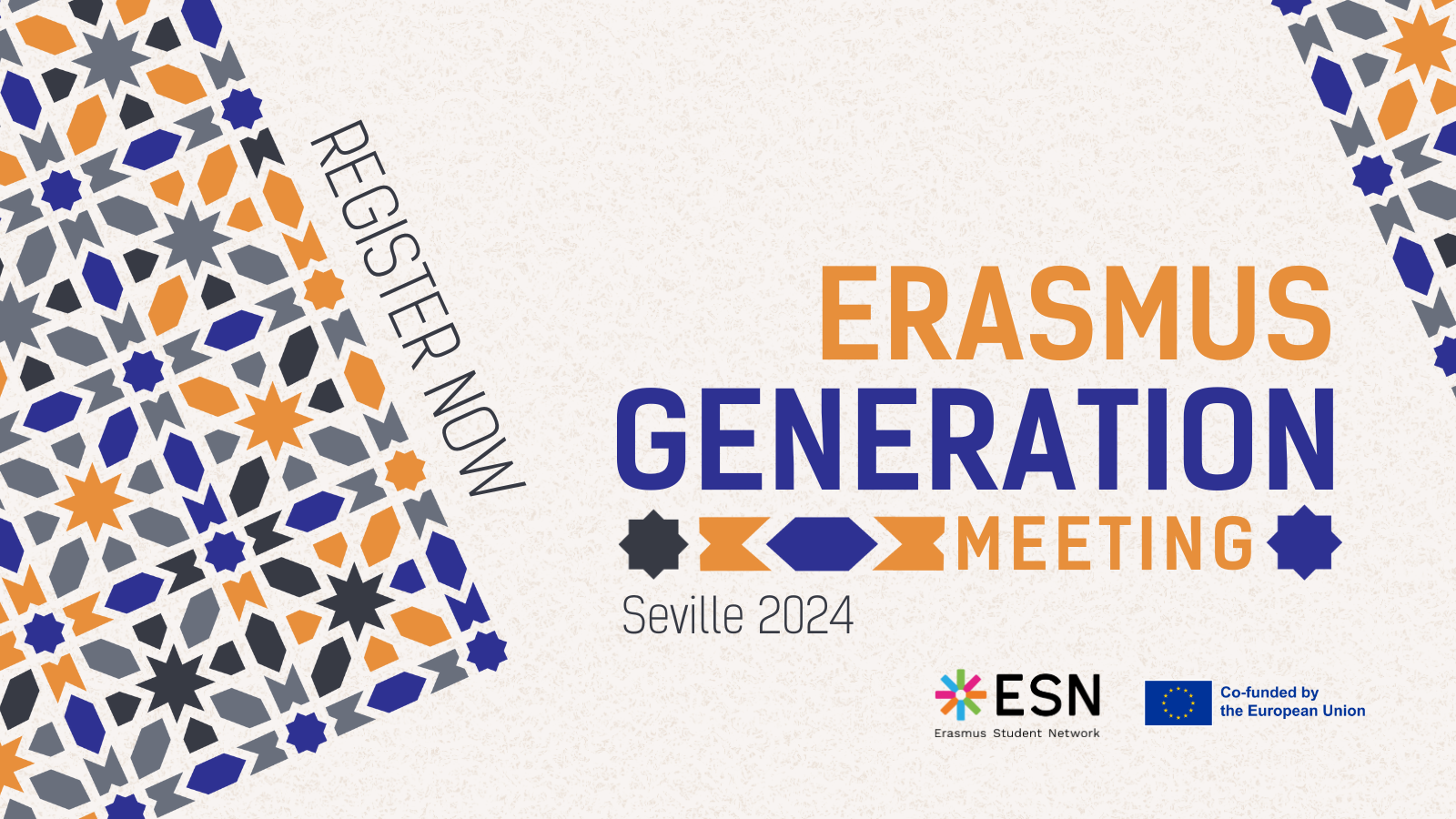 Sevillian style tiles in black, grey, dark blue, and orange. The text says: "Erasmus Generation Meeting Seville 2024. REGISTER NOW."