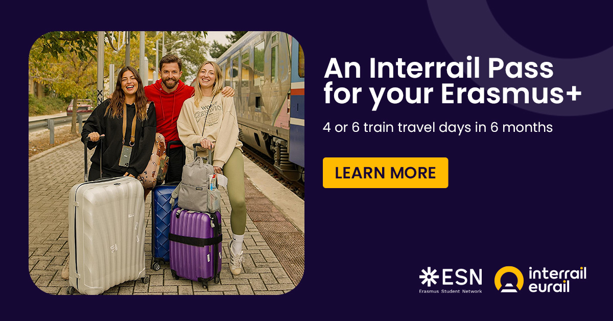 A picture of three people with suitcases on a dark blue background and text: "An Interrail Pass for your Erasmus+; 4 or 6 train travel days in 6 months".