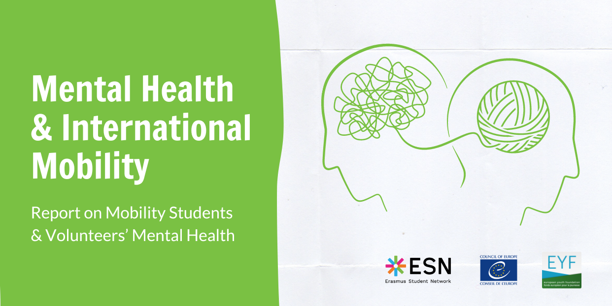 A green and white visual with illustration of 2 human heads and text: "Mental Health & International Mobility".