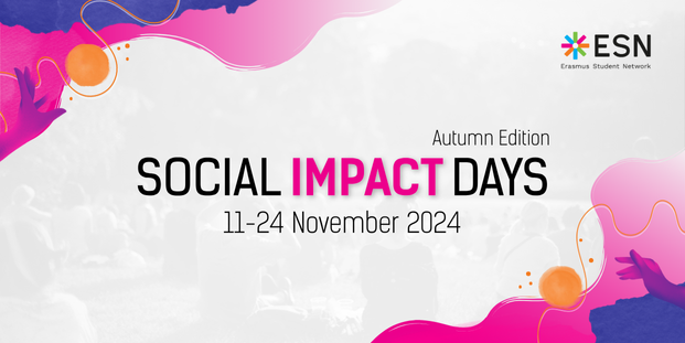 A graphic with light background and blue, magenta, and orange elements. The text says: "Social Impact Days Autumn Edition; 11-24 November 2024".